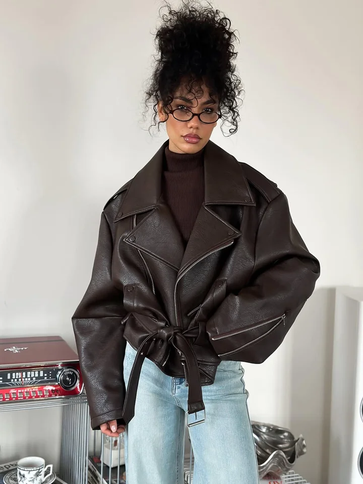 Leather Lapel Lace Up Jacket Woman Loose Solid Color Long Sleeves