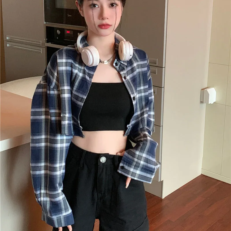 Xpqbb Vintage Plaid Shirts for Women Korean High Waist Loose Cropped Blouse Ladies Fashion Streetwear Sun Protection Crop Tops