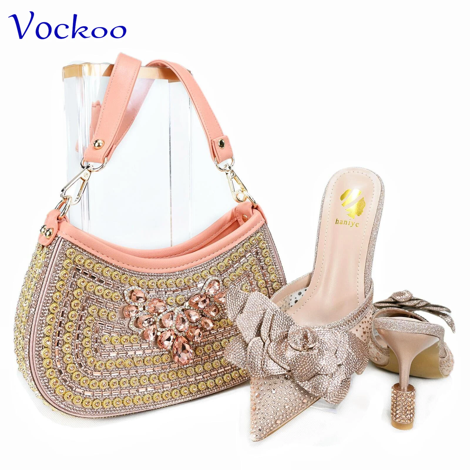 

Elegant Style Special Design New Arrivals Italian Women Shoes and Bag Set in Peach Color Comfortable Heels for Slipper