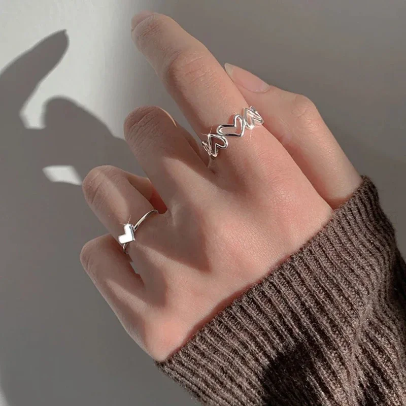 925 Sterling Silver Hollowed Heart Shape Open Adjustable Ring Set Design Love Fashion Jewelry for Women Girl Gifts Dropshipping