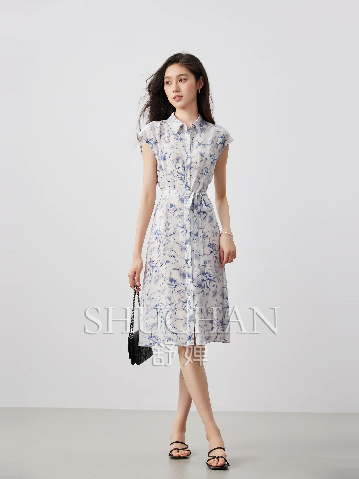 

16 Mmi Double Crepe Silk, Simple and Elegant Blue Flower Temperament Lapel Dress Vestidos Elegantes Para Mujer