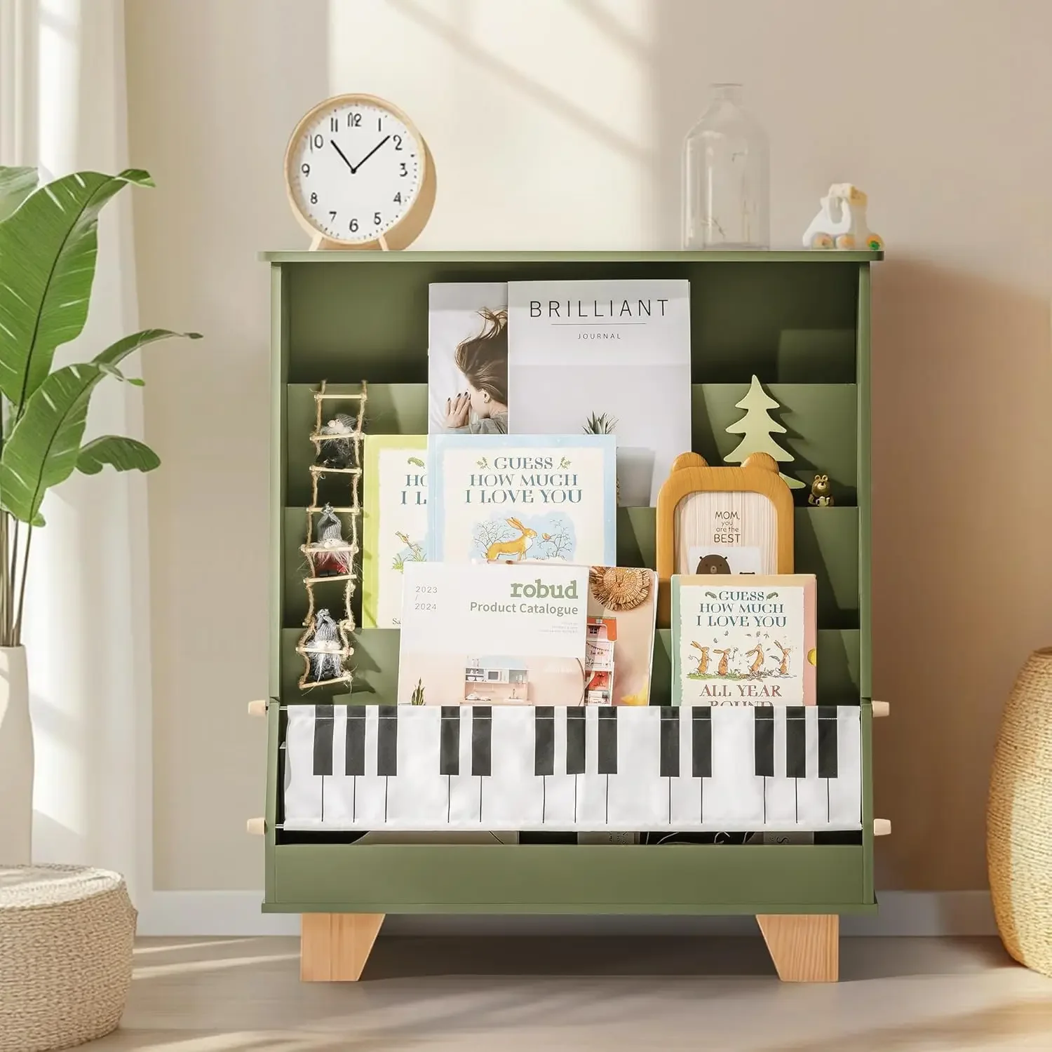 

Robud Kids Bookshelf 4 Tier Nursery Book Shelves with Toy Storage Natural Wood Bookcase Front and Back Storage for Boys Girls