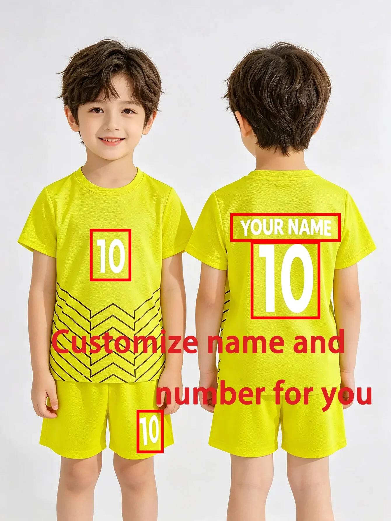 Custom Soccer Jersey Set for Boys 3-13Y Bright Yellow Recyclable Fabric Kids Football Uniform with Personalized Name and Number