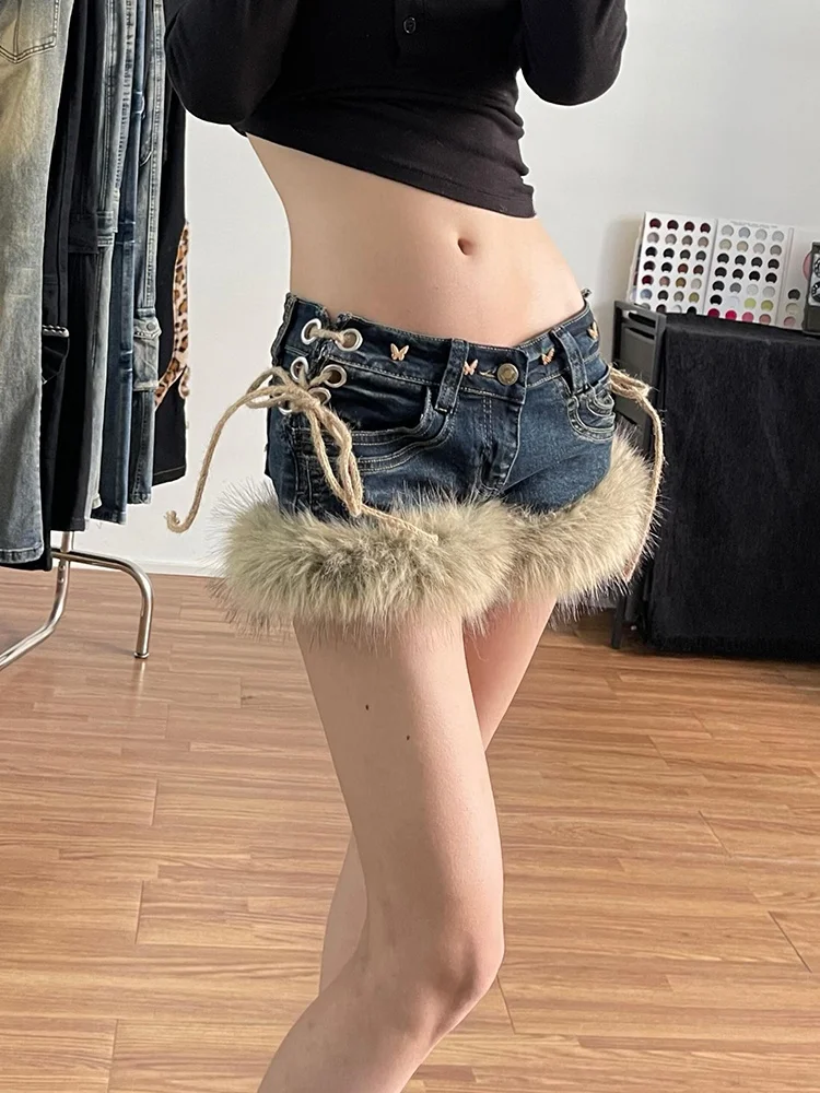 

American High Street Vintage Design Spliced Denim orts Women's Y2K Millennium Sle Slimming Low Waist Jeans