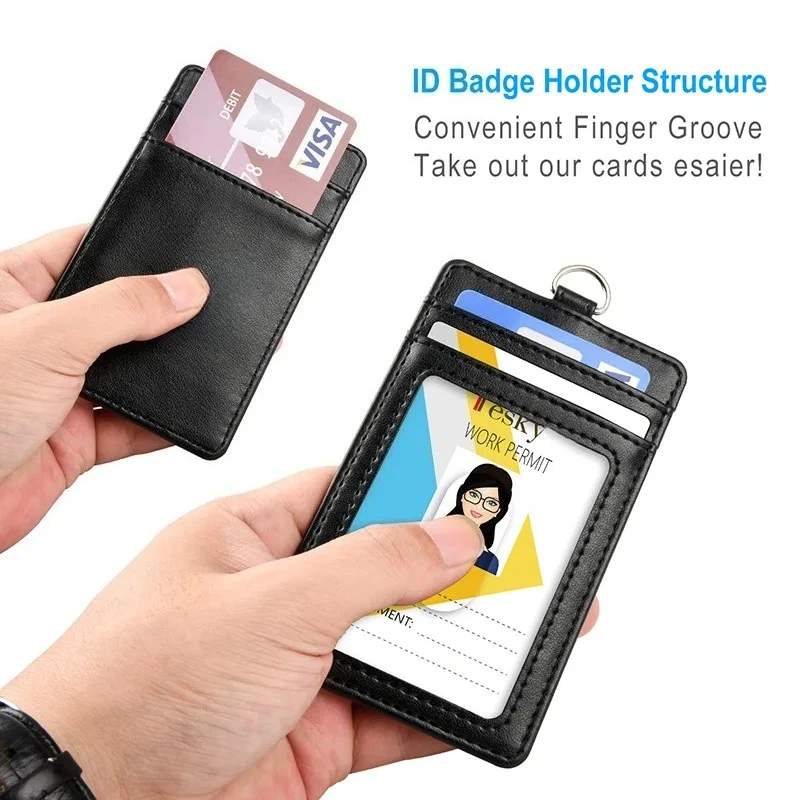 

PU Leather ID Name Badge Holder Working Permit Cover Case Lanyard Set for Staff Employee's Card Pass ID Tag Badge Sleeve 4 Cards