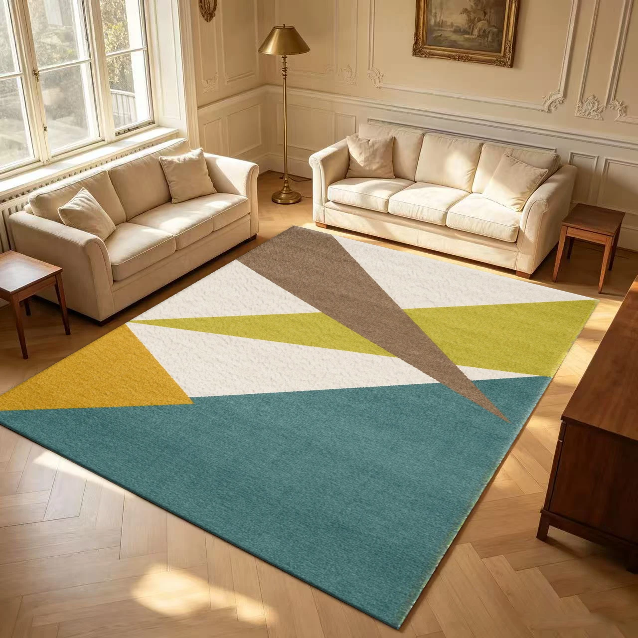 Mid-Century Modern Geometric Triangle Pattern Carpet Flooring Living Room Decor Area Rug
