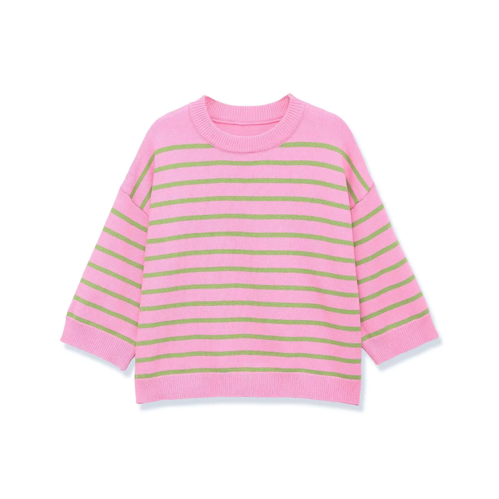 Fashion Casual Round-neck Striped Knit Sweater Women Pink Green Striped Knit Sweater Crew Neck Casual For Spring Autumn MPLF