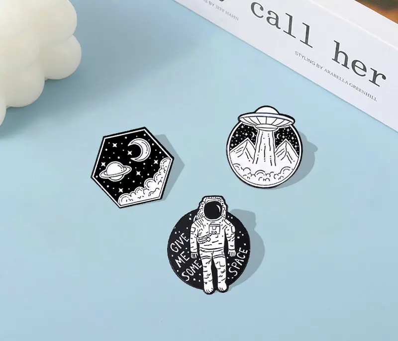 Outer Space Landscape Enamel Pins Black and White Painting Bag Brooch Lapel Badge Cartoon Jewelry Gift for Kids Friends