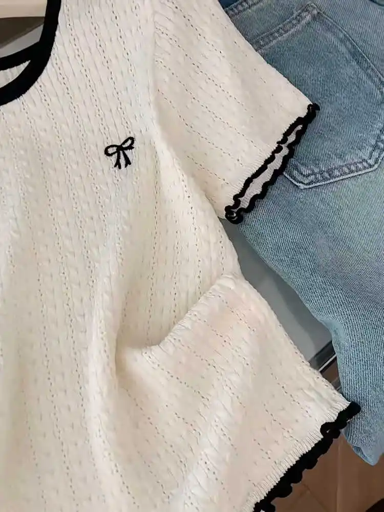 Été mince tricoté plissé oulder ort Sve T-shirt femmes Chic blanc nœud papillon u-ne coupe ample trajet Sle irt