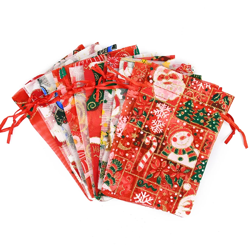 10pcs 10x15cm Christmas Drawstring Organza Bag Gauze Element Jewelry Bags Christmas Party Packing Organza Gift Bags