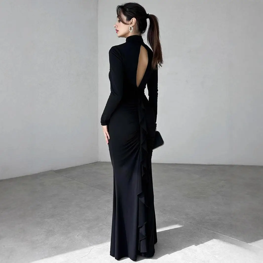 Sexy Hollow out Folded Design Slimming High Collar Fi Tail Dr Long Sve Women's Dr Commute Sle High Waist Regular...