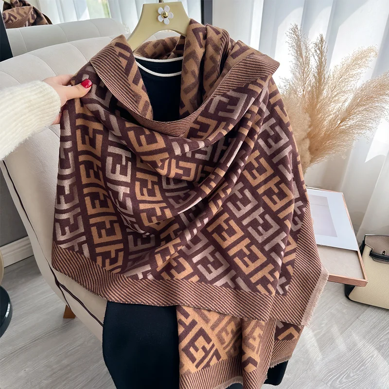 New Luxury Winter Letter Two-Sided Cashmere Jacquard Scarves High Quality Women Thicken Wrap Shawl Ladies Wool Pashmina Scarf