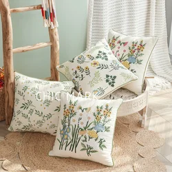 Cotton Canvas Floral Embroidered Cushion Cover 45*45 Countryside Style Ornamental Pillow Case for Living Room Luxury Home Decor