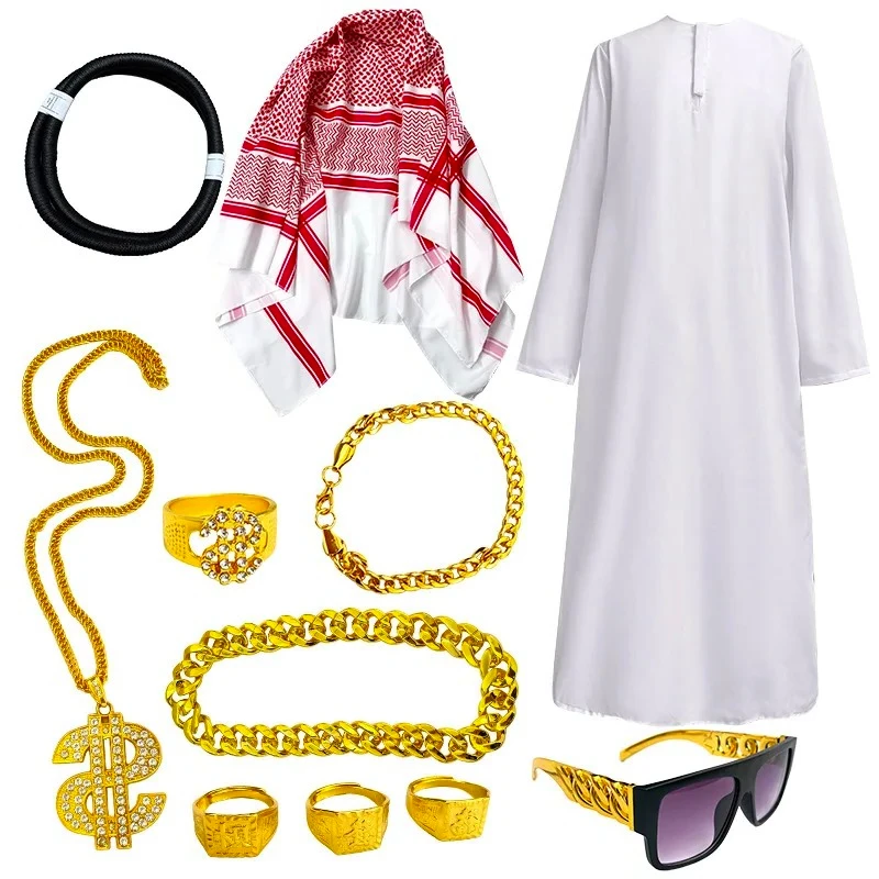 Traje de Príncipe Árabe con Túnica Blanca para Hombre, Disfraz de Cosplay de Jeque Árabe, Disfraz de Pastor para Adultos, Accesorio de Disfraz para Fiesta de Halloween o Carnaval