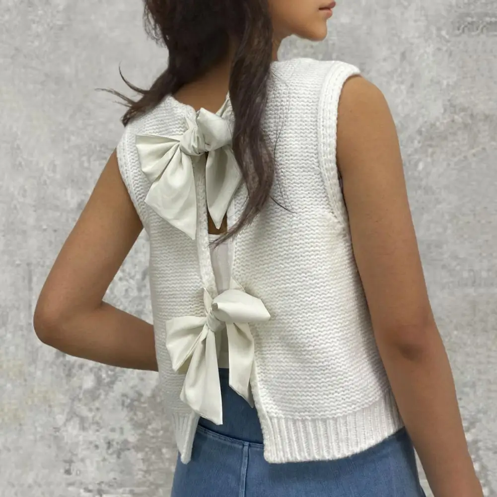 Women Knitted Vest Solid Color Round Neck Hollow Back Sweater Vest Back Bow Tie Decor Sleeveless Crop Tank Women's Clothing