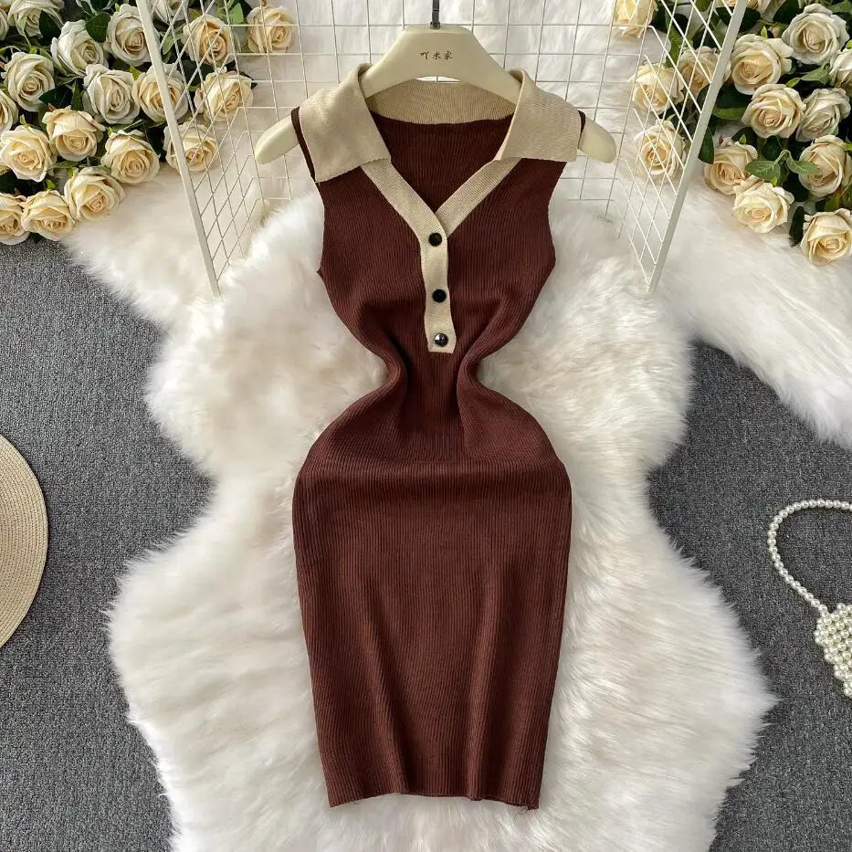 women summer slim chic polo neck knitted bodycon mini short tank dress casual patchwork party sheath dresses t shirt vestidos