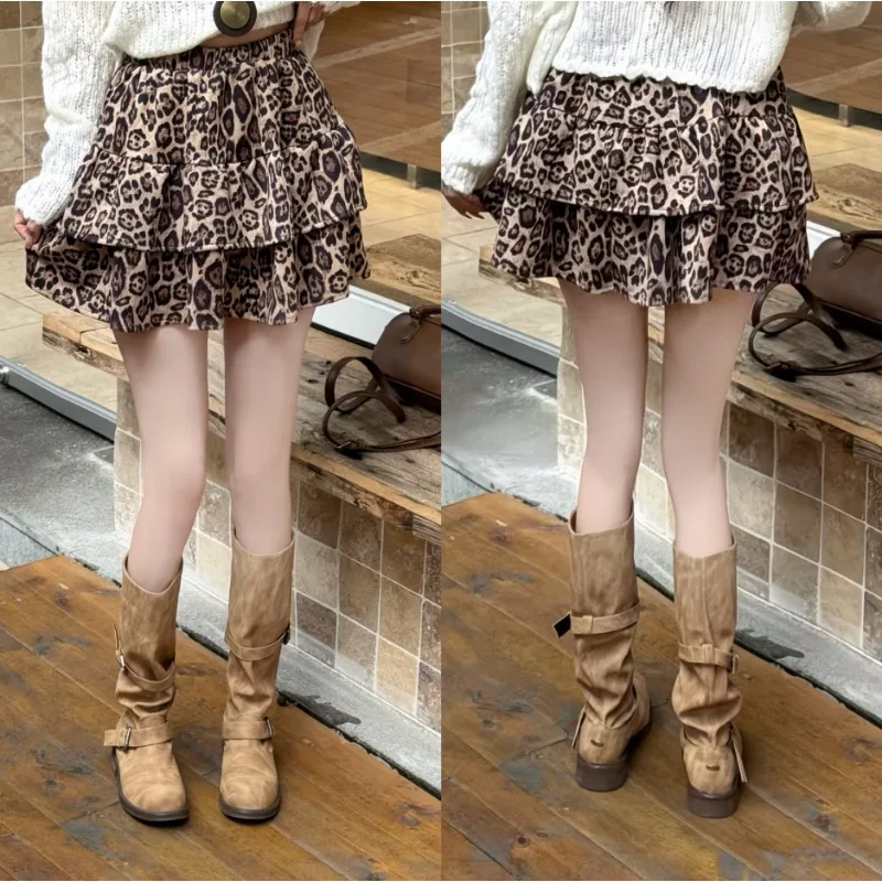 AutumnLeather Velvet High-waisted Spice Girl Thin Leopard Print Fluffy Lotus Leaf Retro Skirt Cake Skirt