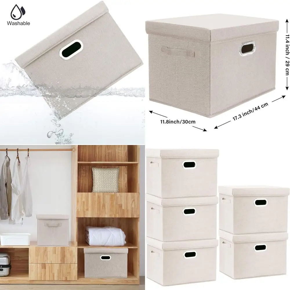 

Collapsible Fabric Storage Bins with Lids, Washable, 17.3x11.8x11.4 inches, 5-Pack, Beige for Clutter-Free Organizing