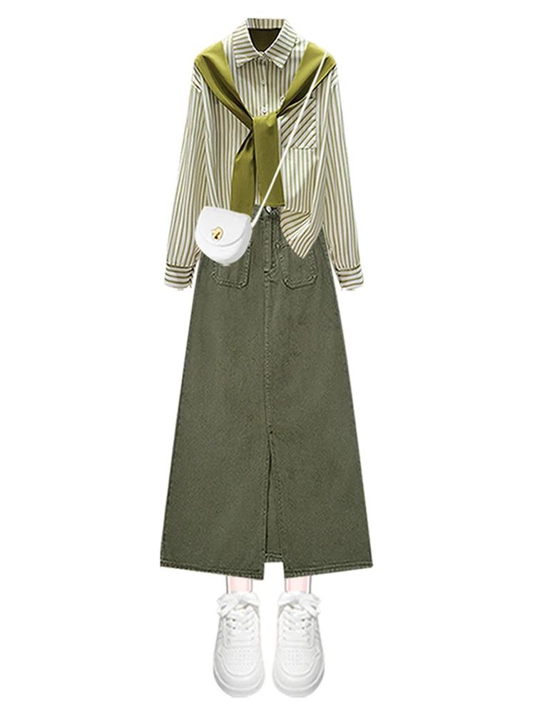 Retro Korean Green Striped Shirt And Shoulder Wrap with Slit Denim  Skirt Two-Piece Set for Women Autumn Fashion Ensemble