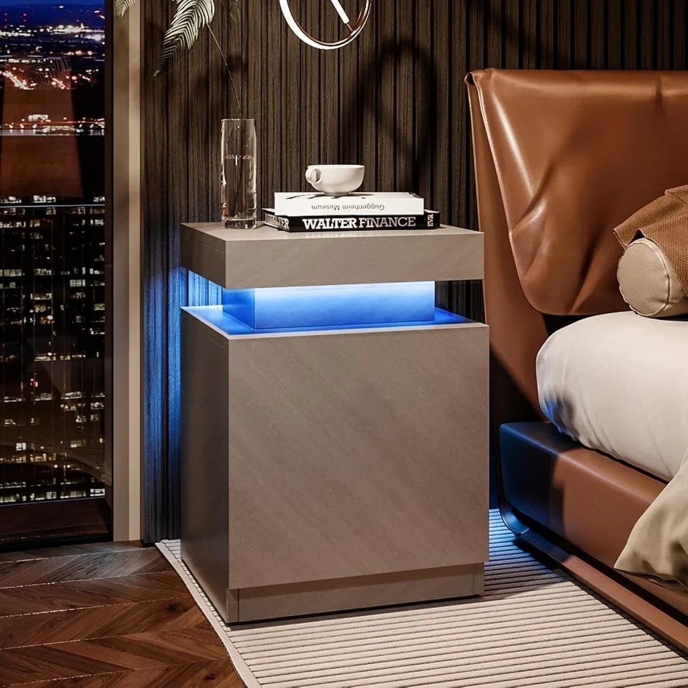 مجموعة منضدة نوم مضيئة بإضاءة LED مكونة من قطعتين مع خزائن تخزين وطاولات بجانب السرير حديثة لإضاءة الليل والتخزين المحسن لذلك #3