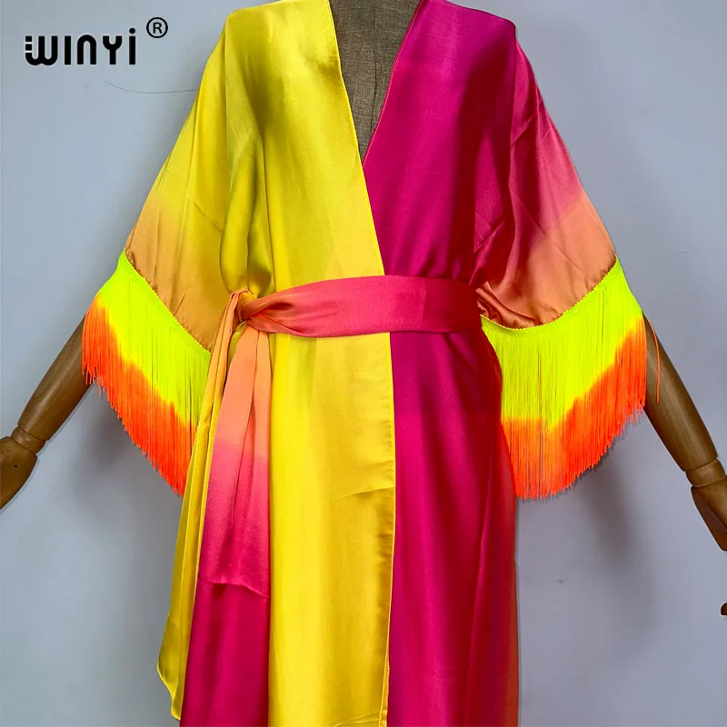 WINYI-kimono bohemio con estampado de flecos para mujer, vestido maxi con borlas, cárdigan elegante y sexy, moda de verano