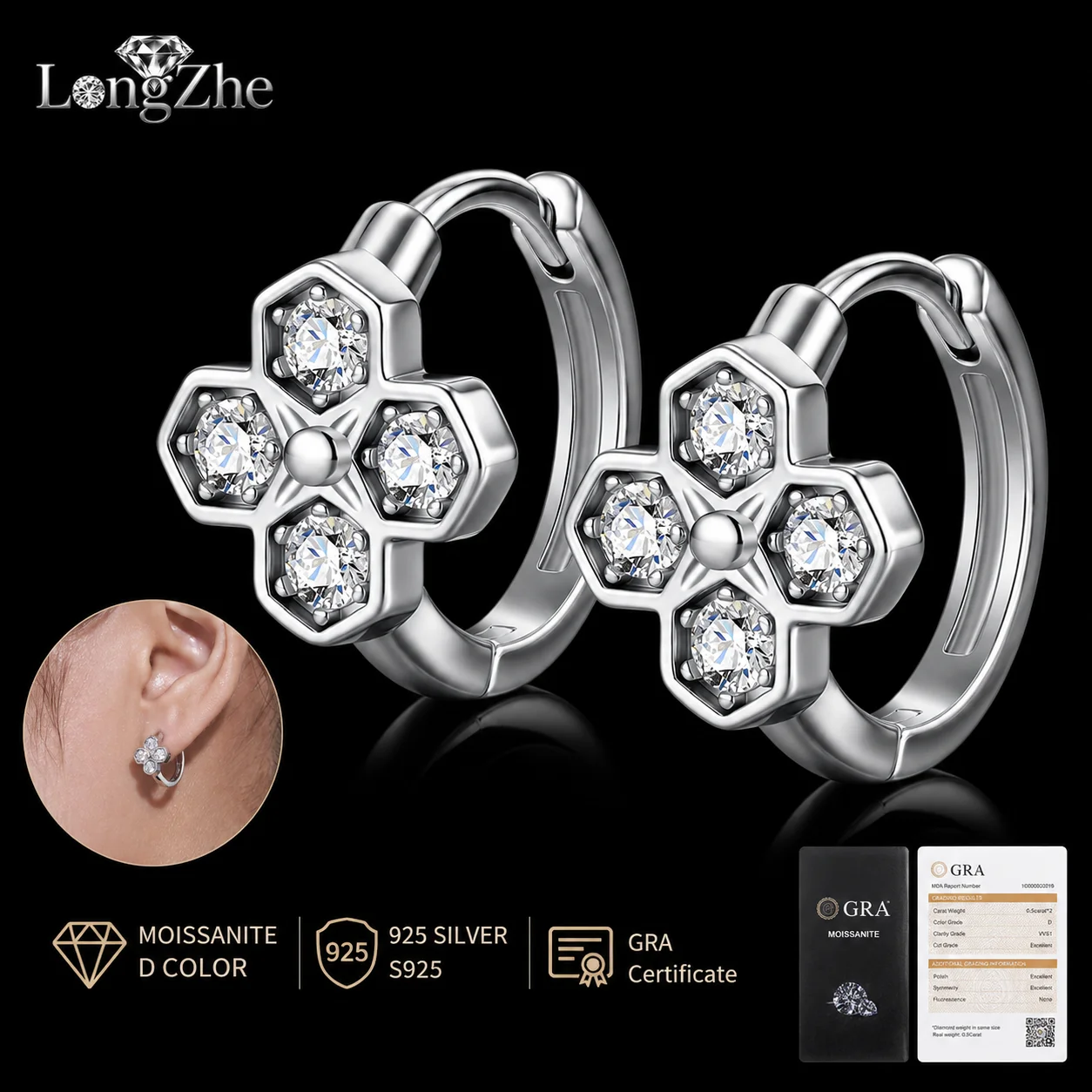 

Moissanite Flower Hoop Earrings for Women S925 Sterling Silver 2.5mm Round Stones Floral Huggie Daily Wear Anniversary Gift