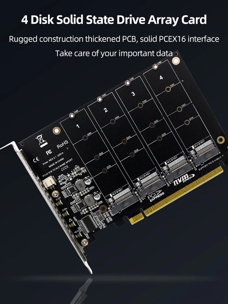 

4-портовый твердотельный накопитель M.2 NVME к карту адаптера PCIE X16 Поддержка 4X32 Гбит/с 2230/2242/2260/2280 Поддержка M.2 PCI-E SSD/M.2 Протокол устройства NVME