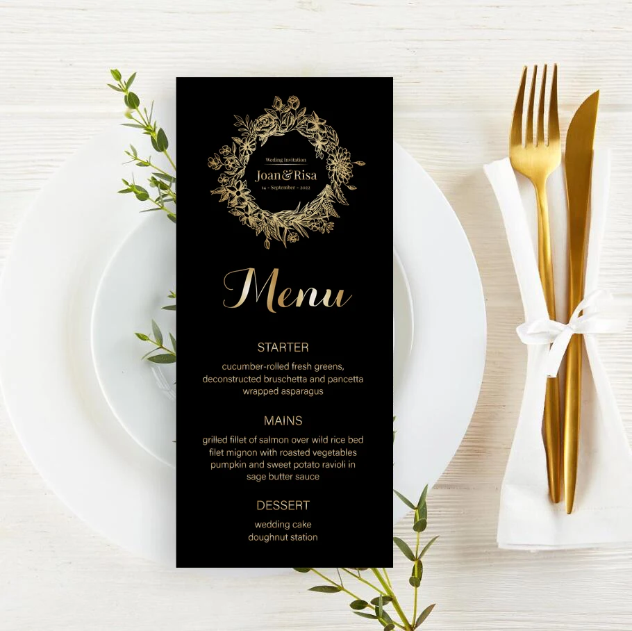 10pcs Customizable Wedding Menu, Gold foil Black Menu Wedding Cards, Custom Wedding Table Menu