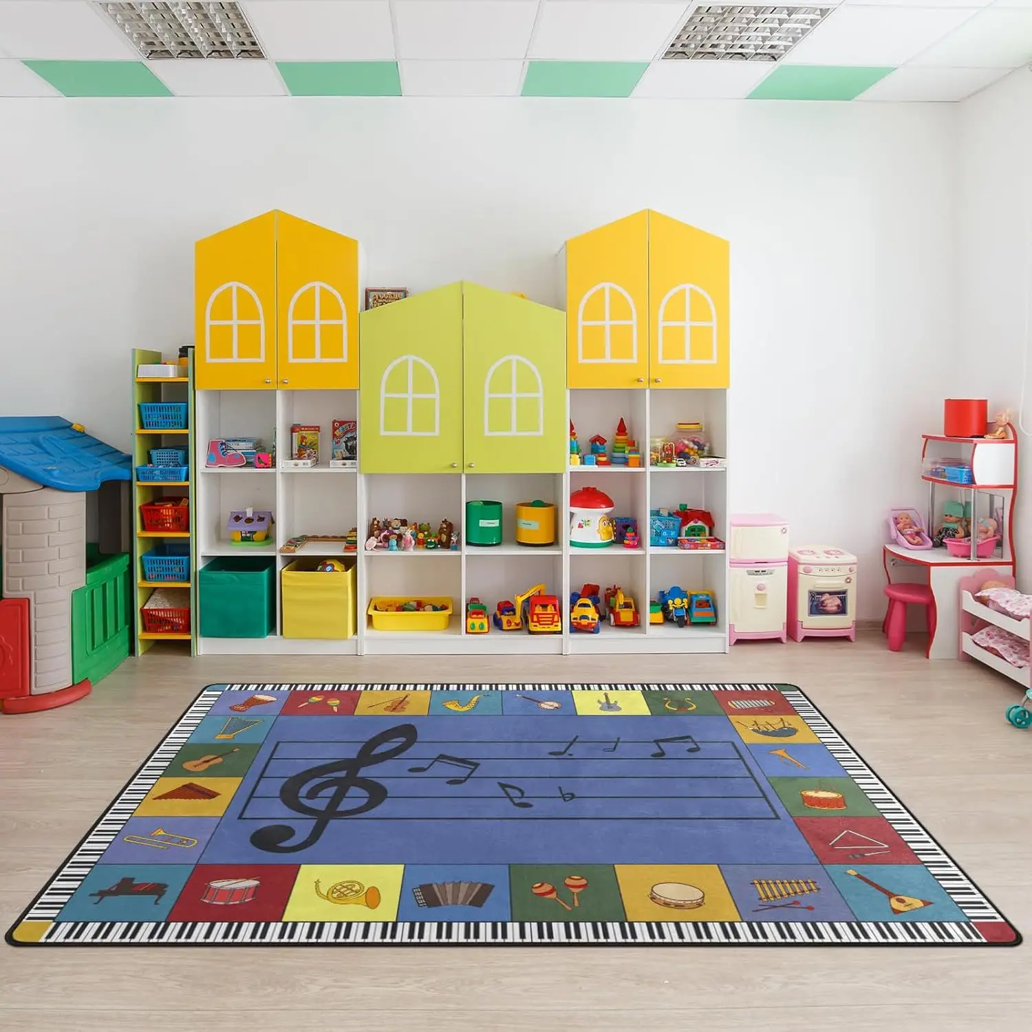 VIKAMA Cartoon Piano Area Rug 5x7 Children's Play Mat Musical Instrument Notes Non-Slip Floor Mat for Home School Kindergarten