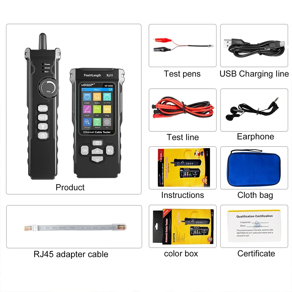 Máquina testadora de cabo de rede NOYAFA NF-8506, suporta teste PING/digitalização IP/porta de rede, rastreador de cabo multifuncional, ferramenta de busca Lan