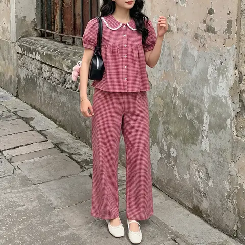 VONDA Two Piece Sets Women Short Puff Sleeve Peter Pan Collar Tops Wide Leg Pants Korean Suits Casual Plaid Matching Outfits