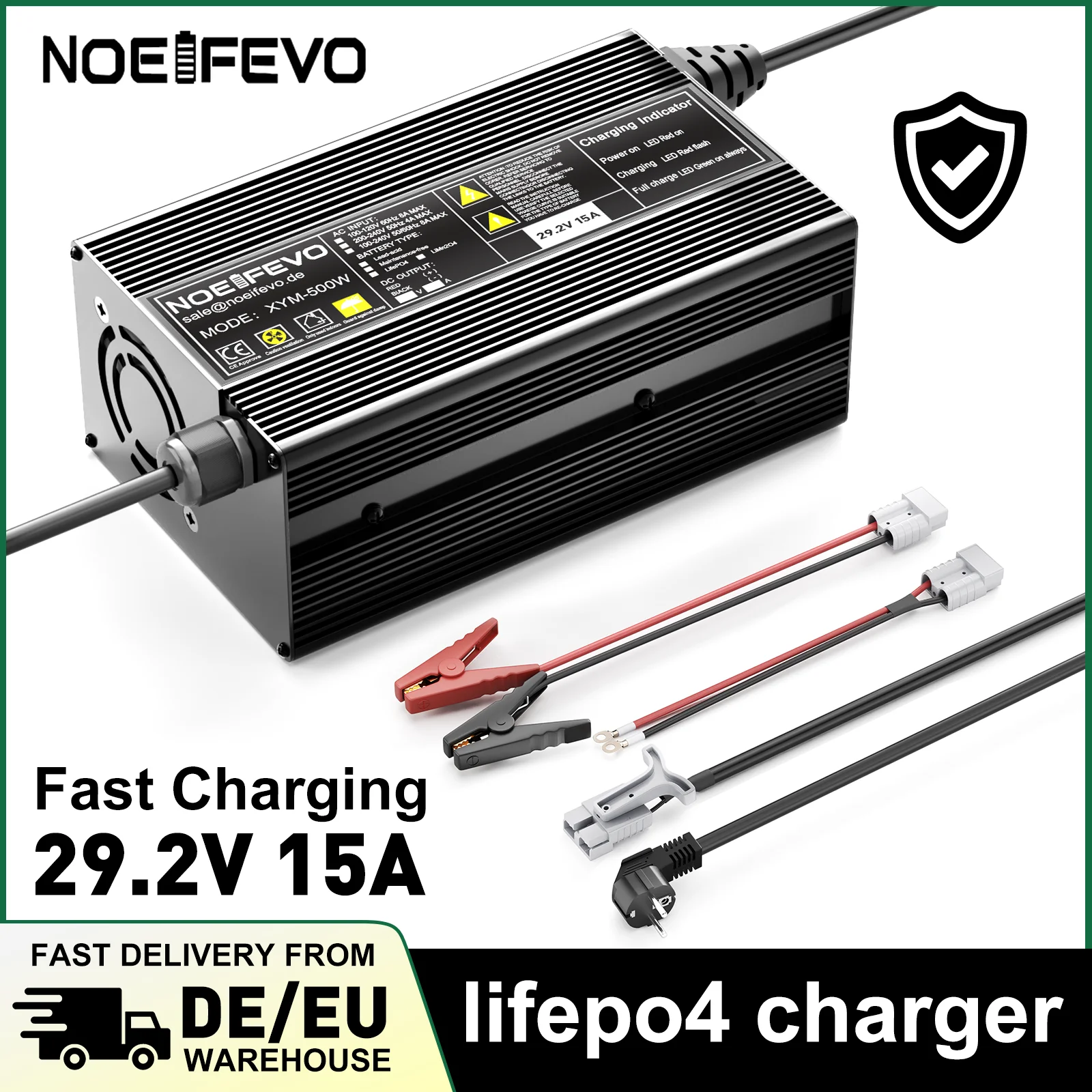 Noeifevo Caricabatterie LiFePO4 29.2V 20A 15A per batterie al litio 24V 25.6V, attivazione BMS 0V, spegnimento automatico, protezione completa