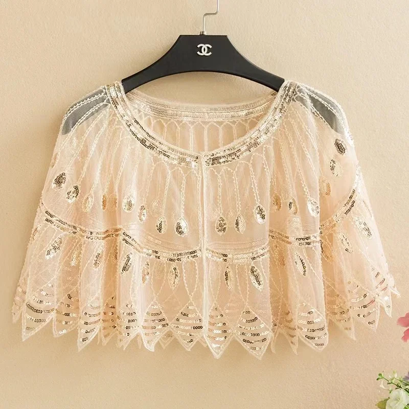 Leaf Shape Ruffle Shawl Elegant Sequin Embroidery Vintage Cape Mesh Short Cardigant Trend Dress Accessories For Party Prom