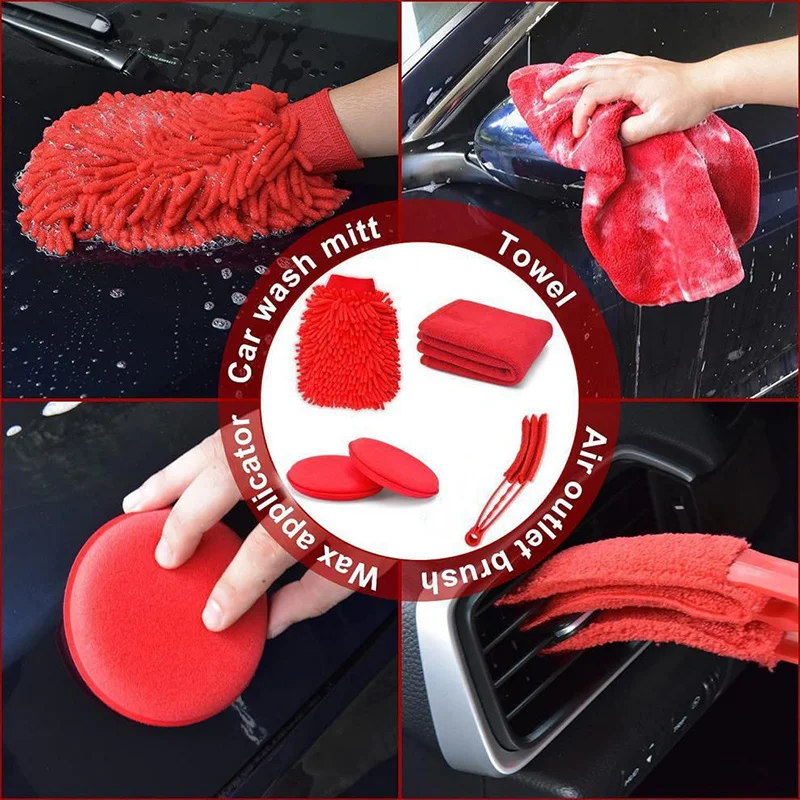 26PCS Detailing Brush Red Set Car Cleaning Brushes Power Scrubber Drill Brush For Car Leather Cleaning Tools