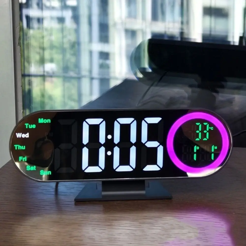 Brightness Adjustment Digital Alarm Clock Voice Control 12/24H Format LED Mirror Clock 2 Alarms with RGB Mood Light