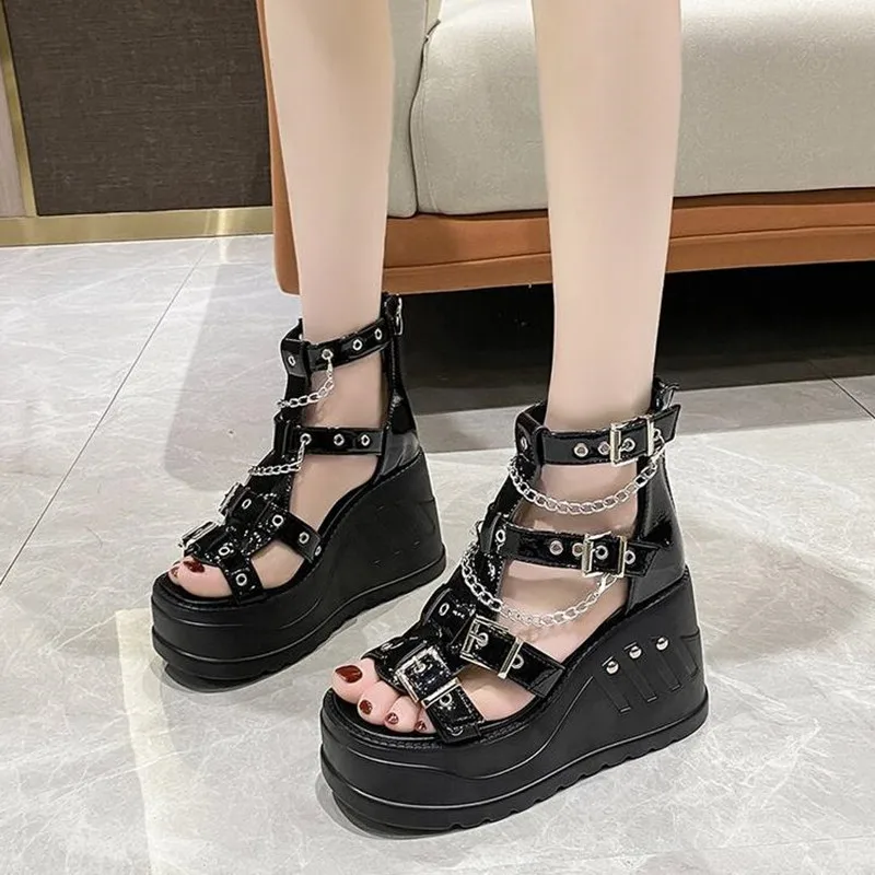Women Luxury Wedges Sandals High Heel Gothic Punk Comfy Walking Back Zip Chains Fashionable Summer Platform Sandals Ladies Shoes