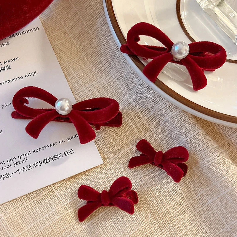 1/5pc ファッションレトロ弓赤ヘアクリップ小さな BB ヘアクリップ女性バレッタ前髪クリップかわいいヘアピン新年ヘアアクセサリー