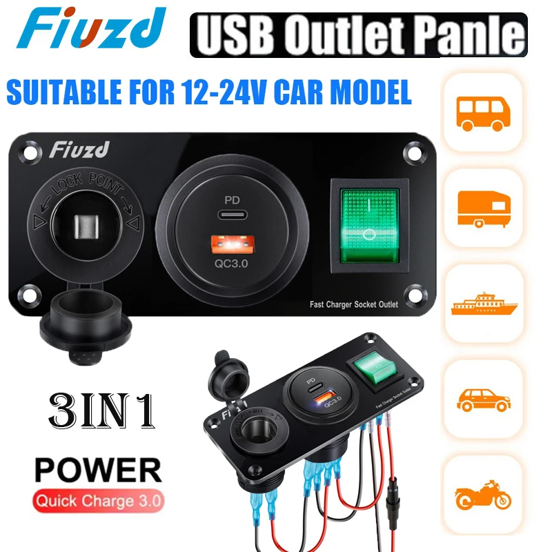 

12V Cigarette Lighter Socket 3 in 1 Car Dual QC3.0 USB Outlet Panel for RV Marine Boat Power Socket Charger Socket