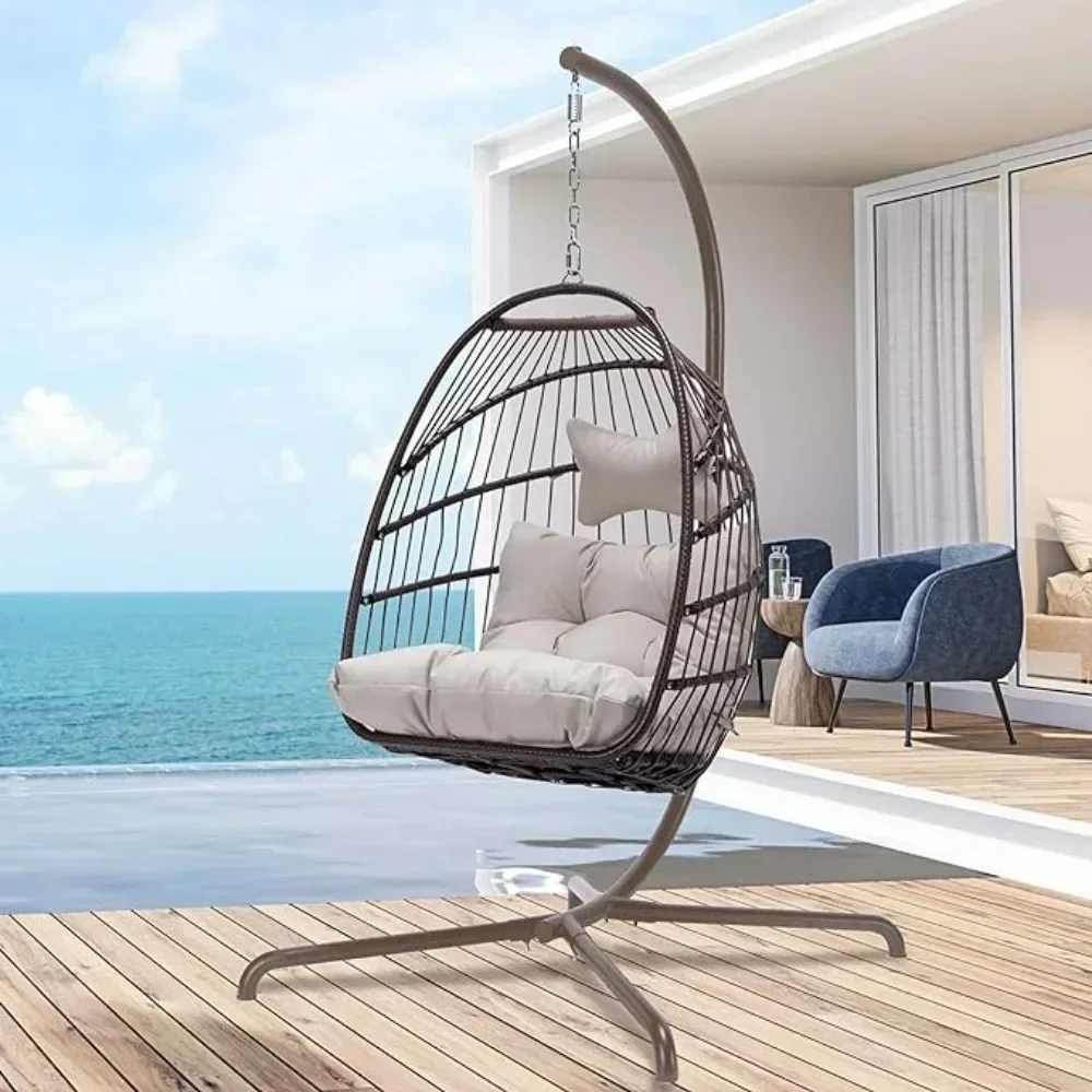 Swing Egg Chair with UV Resistant Cushions 350lbs Capacity, Stand Indoor Outdoor Wicker Rattan Patio Basket Hanging Chair