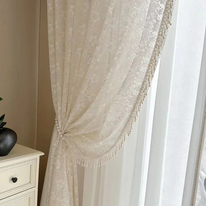 New Cream Lace Embroidered Screen Curtain Pearl Lace Curtains For Living Room Bedroom French Window Balcony Window Customized
