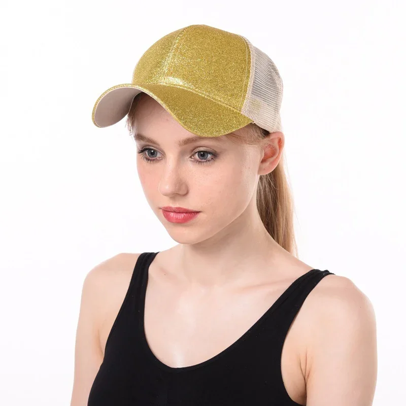 Ponytail Baseball Cap for Women Shiny Glitter Sequins Woman Summer Cap Mesh Sunhat Pure Color High Messy Bun Hat