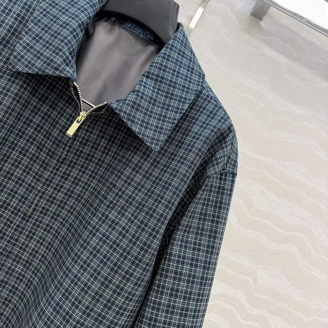 2026 New Autumn Old Money Style Vintage Coat Women Lapel Zipper Long Sleeve Blue Plaid Fashion Loose Cotton Chic Jacket