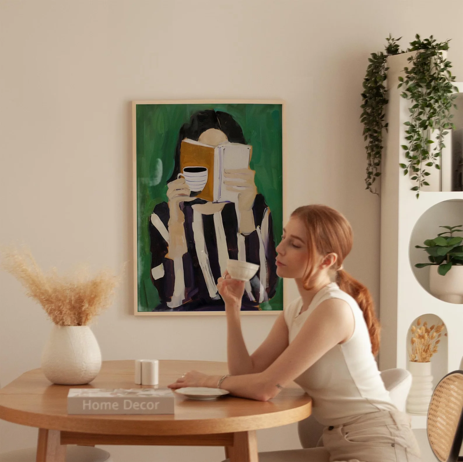 Canvas Wall Art Aesthetic Poster Emerald Green Woman Reading Folder Print Minimalist Abstract Art Unframed