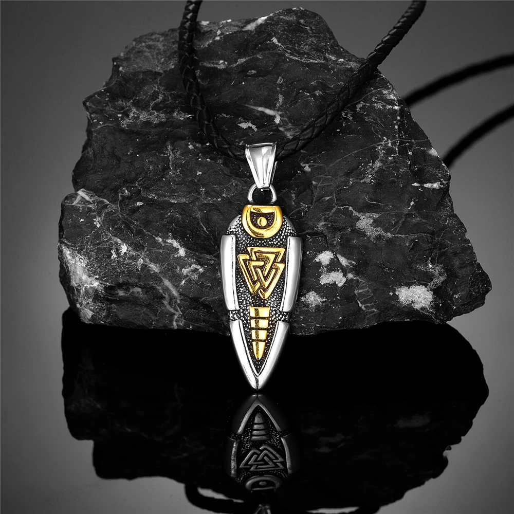 Vikings Odin's Spear Necklace Men Charm Double-sided Norse Rune Gungnir Arrowhead Stainless Steel Pendant Valknut Amulet Jewelry