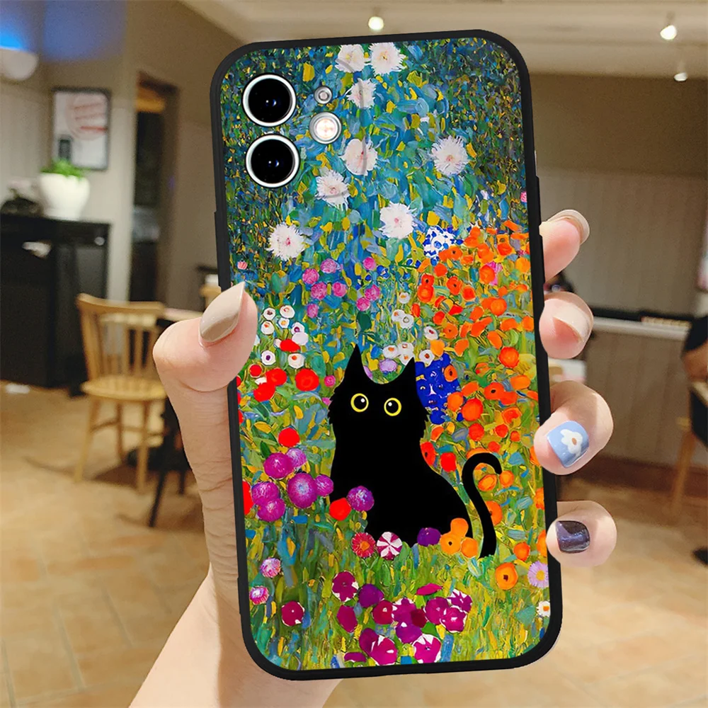 Retro Oil Painting Van-Gogh Black Cat Phone Case for iPhone 15 14 13 12 11 Pro Max Mini 7 8 Plus SE X XS XR Silicone Art Covers