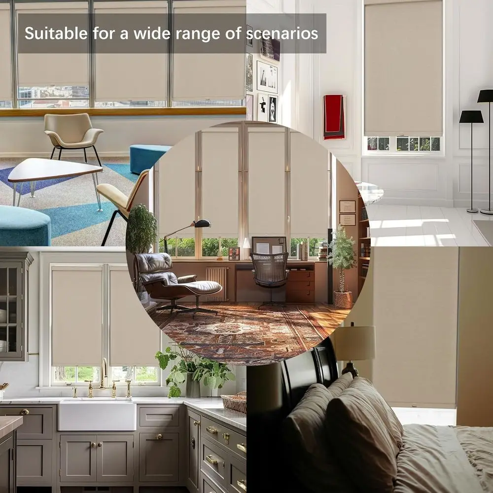 무선 암막 롤러 쉐이드, 자외선 차단 린넨 원단, 단열, 34x72 베이지색 가정 및 사무실용