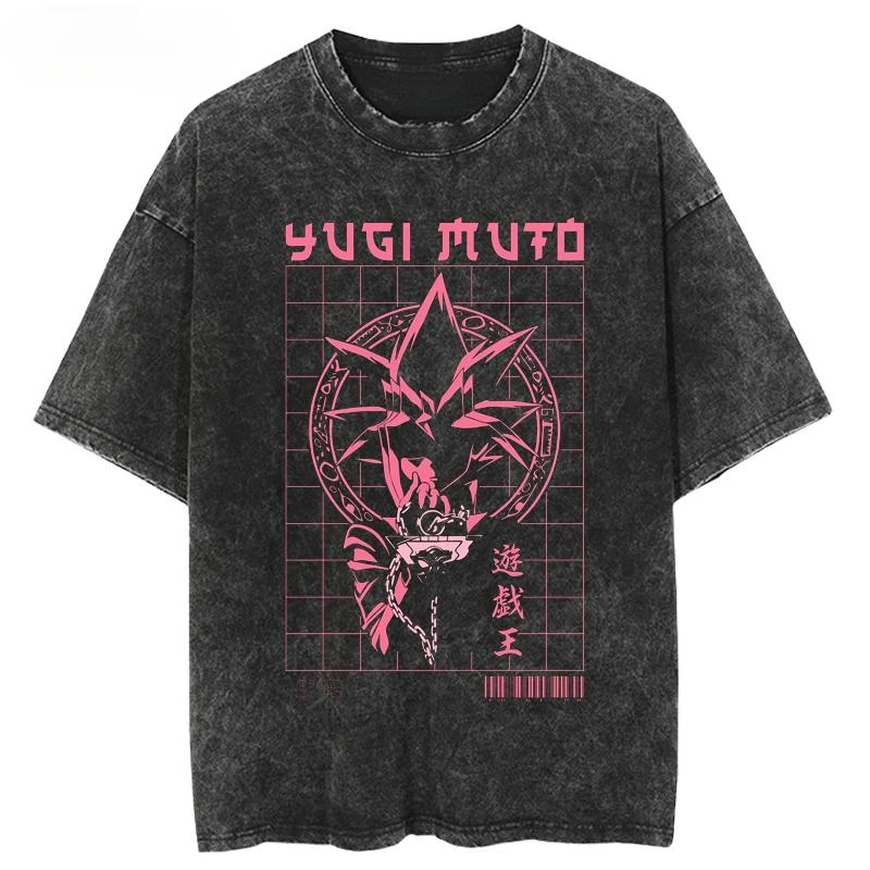 Hot Japanese Anime Washed-out and Distressed Vintage Short-sleeved T-shirt Made of Cotton Yu-Gi-Oh! Duel Monsters GameKing