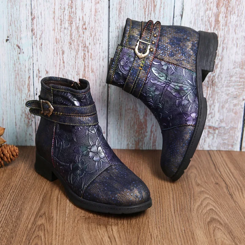 Women's Fashion Woman Boot  zipper 3CM Square heel Ladies' embossed hand-painted flat bottomed comfortable leather boots