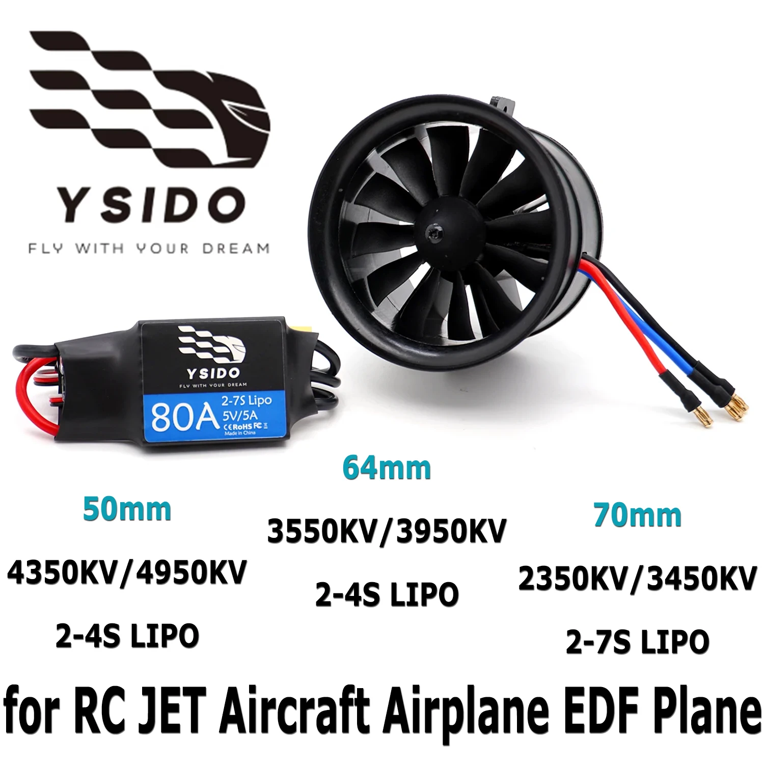 

YSIDO 50mm 64mm 70mm 90mm 11/12-Blades EDF Plane Ducted Fan 50A ESC for E-flite Viper RC Jet Airplane Model Spare Accessories