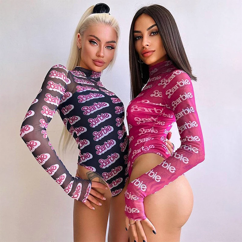 Bodysuit Mesh Baddie outfit Fashion Clothing bodys woman trend 2024 Thin Long Sleeve One Pieces Streetwear pink Printed Romper